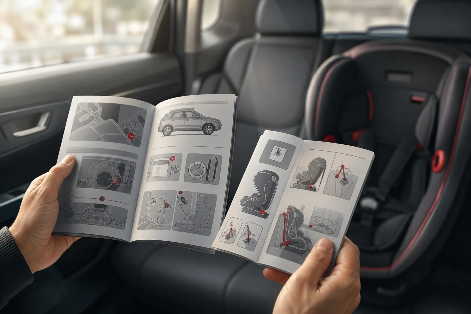 Manos comparando el manual del coche con las instrucciones de una silla infantil