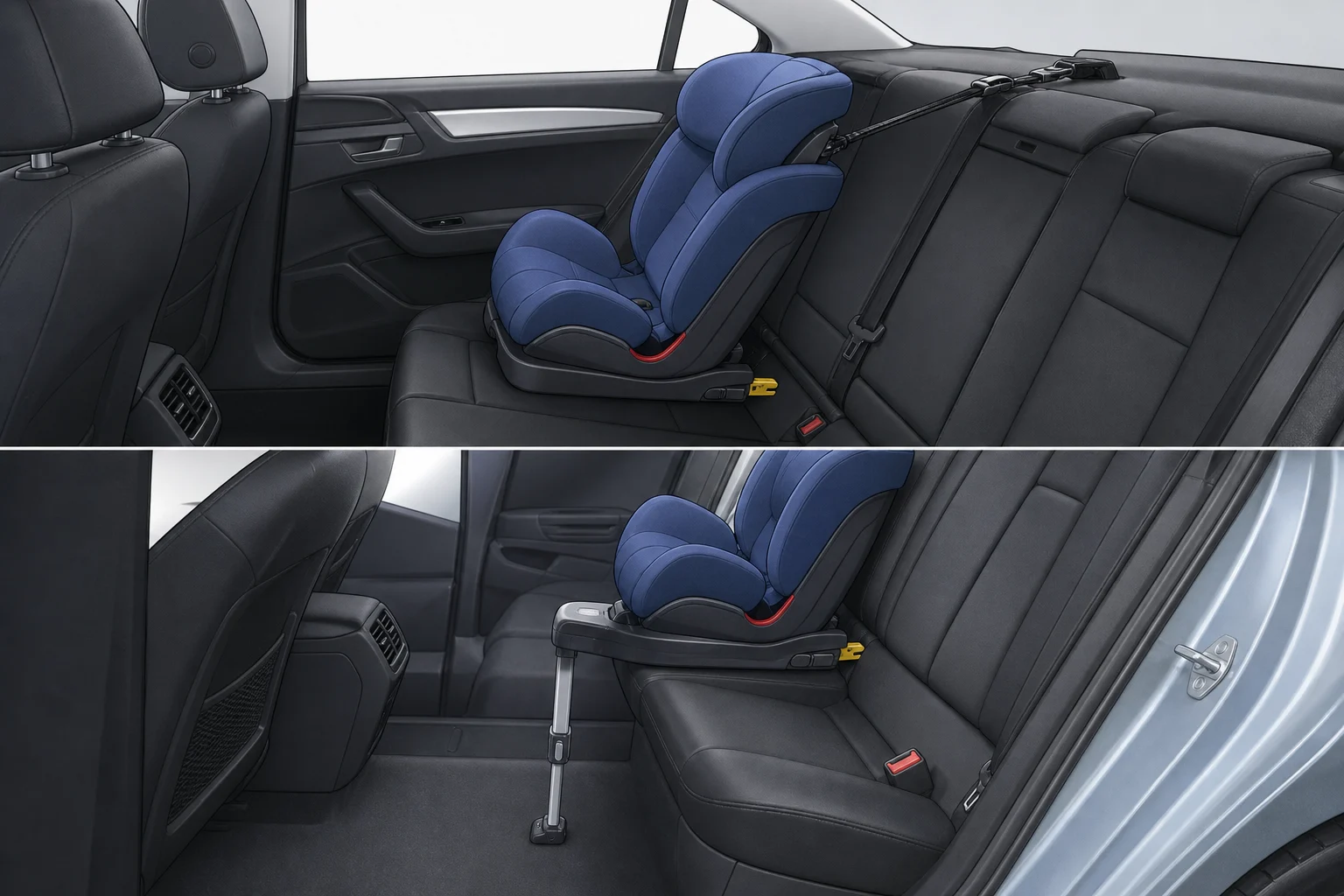 Dos configuraciones separadas de silla infantil ISOFIX: una con correa superior y otra con pata de apoyo