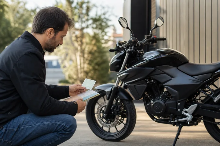 Persona revisando la tarjeta ITV y los datos de una motocicleta estacionada antes de comprarla.