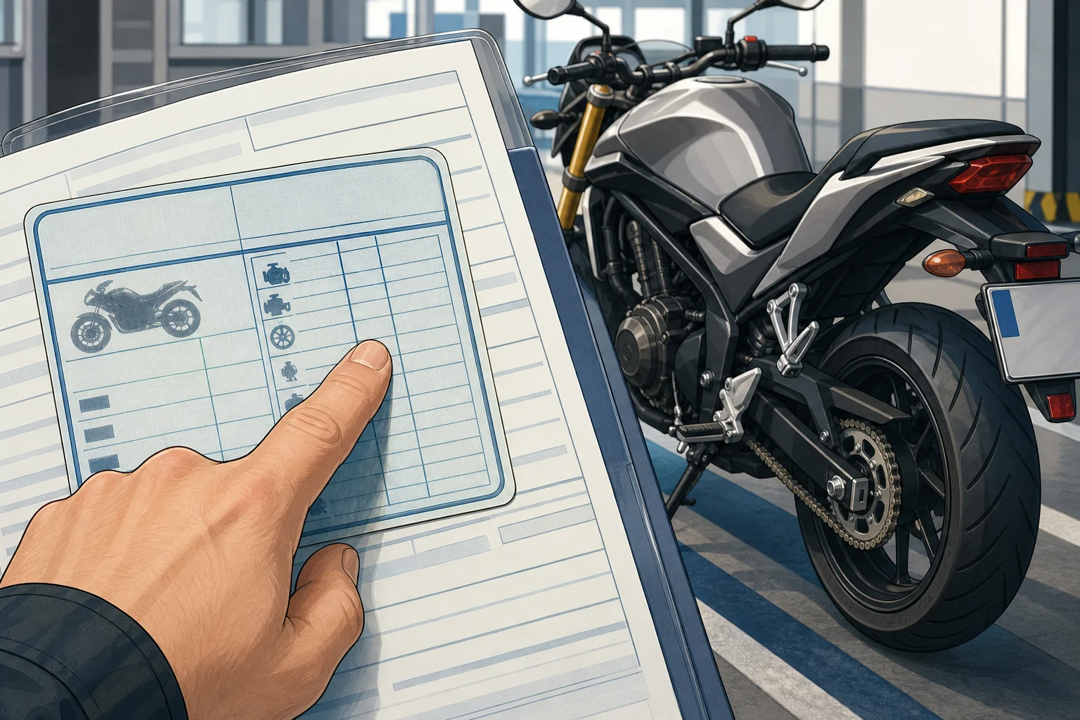 Mano comparando los datos de potencia de una tarjeta ITV junto a una moto aparcada.