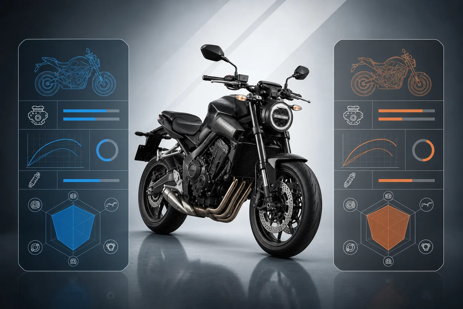 Motocicleta junto a dos documentos que representan la comparación entre configuración actual y origen.