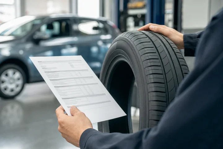 Persona comparando la ficha técnica de un coche con el marcaje del flanco de un neumático en un taller