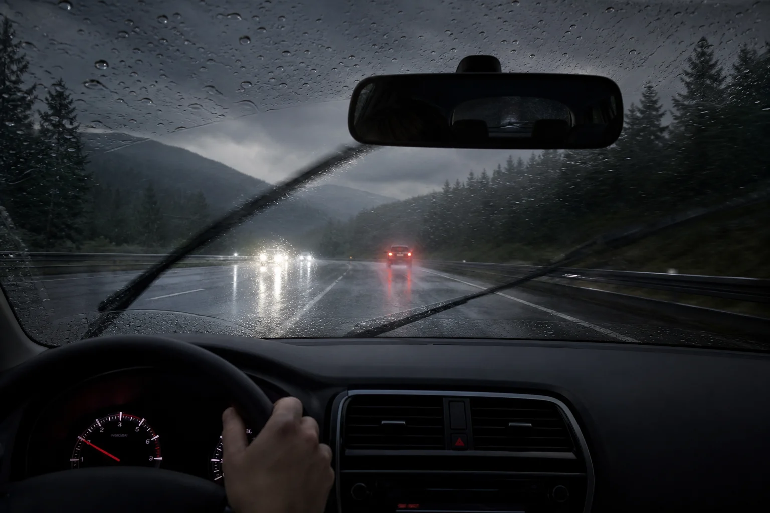 Vista desde el interior de un coche con lluvia en el parabrisas y vehículos circulando a distancia por una carretera mojada