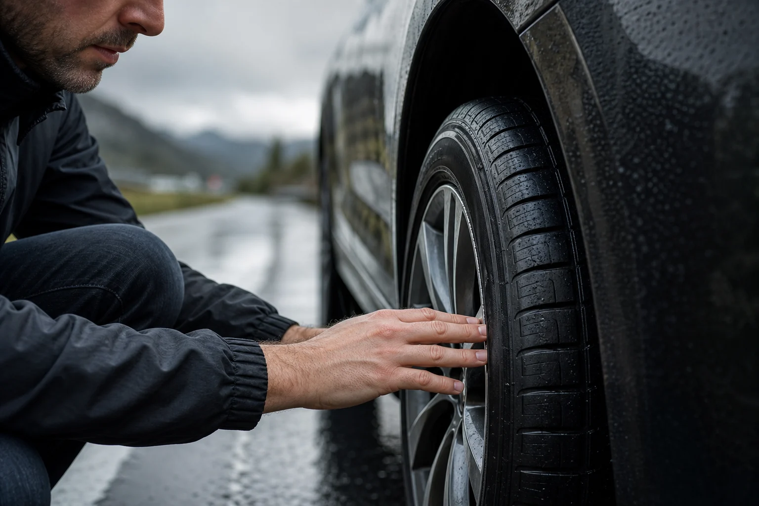 Persona revisando el dibujo y las ranuras de un neumático de turismo antes de circular con lluvia