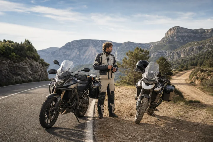 Dos motocicletas trail aparcadas junto a una carretera asfaltada y una pista compactada, con un motorista comparando su altura de asiento.