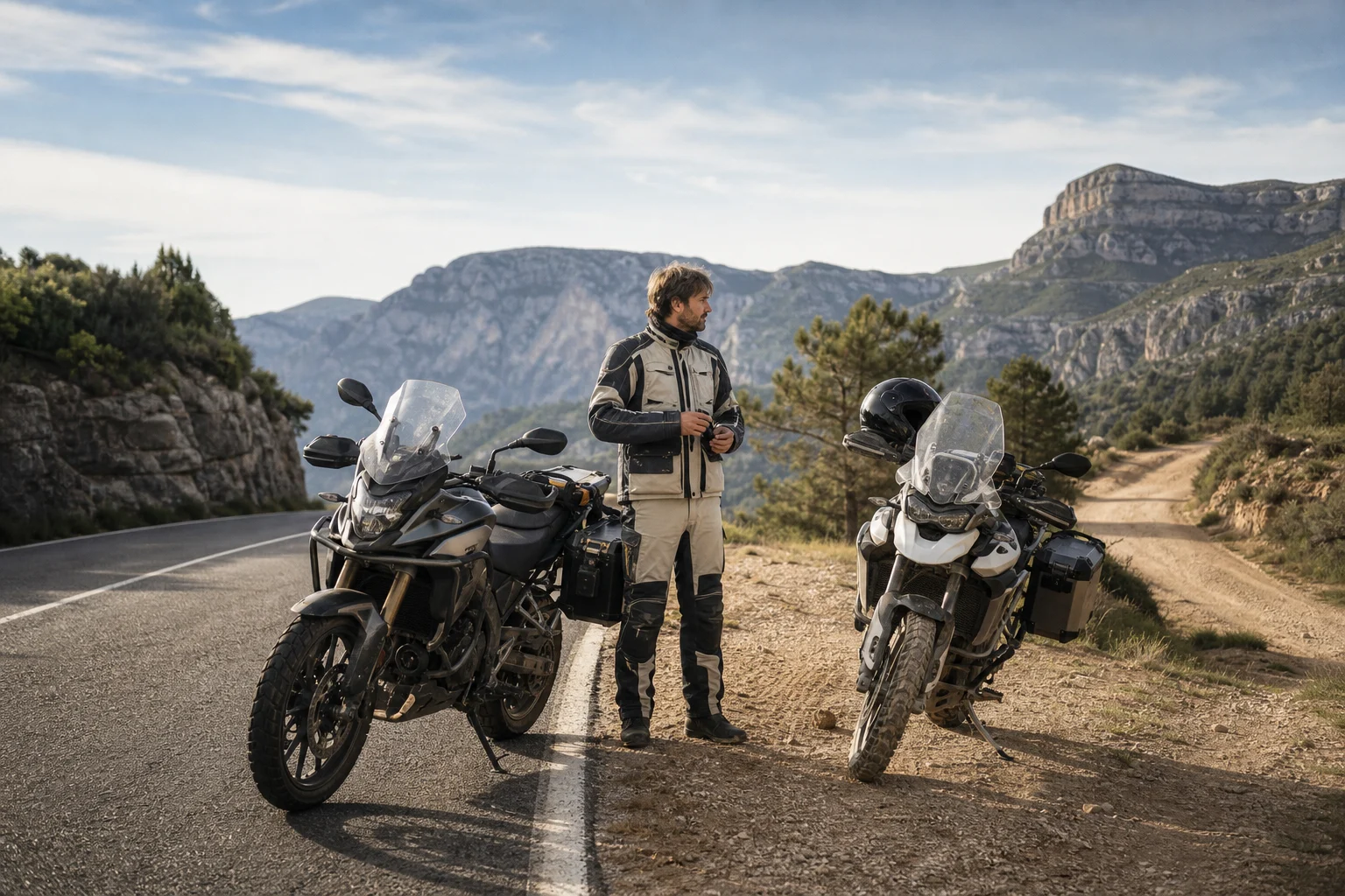 Dos motocicletas trail aparcadas junto a una carretera asfaltada y una pista compactada, con un motorista comparando su altura de asiento.