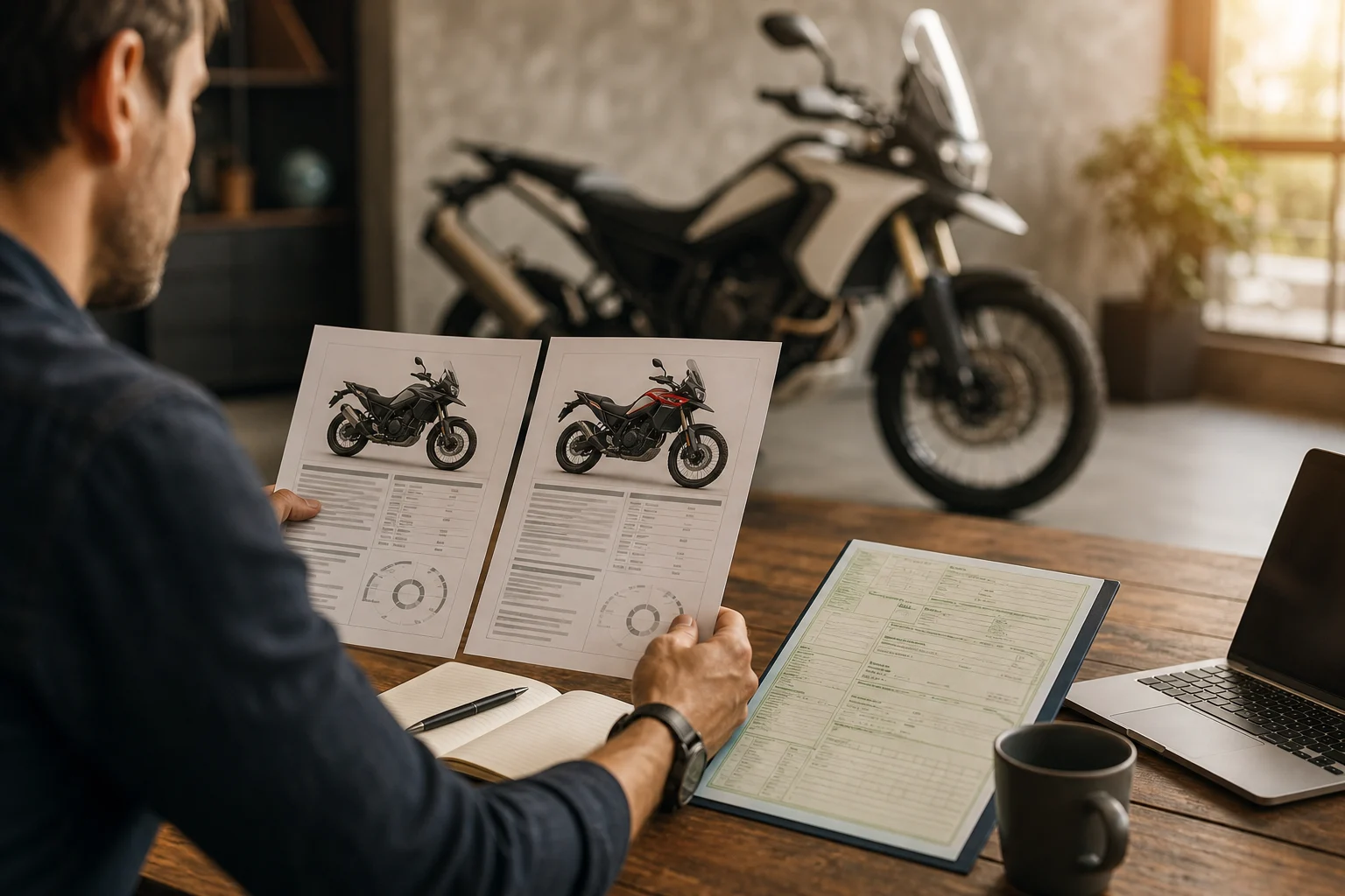 Comprador comparando fichas técnicas y documentación de dos motocicletas trail.