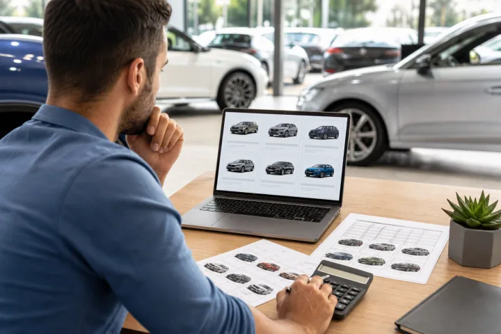 Persona compara anuncios de coches y una hoja de cálculo con precios, kilómetros y valores de reventa