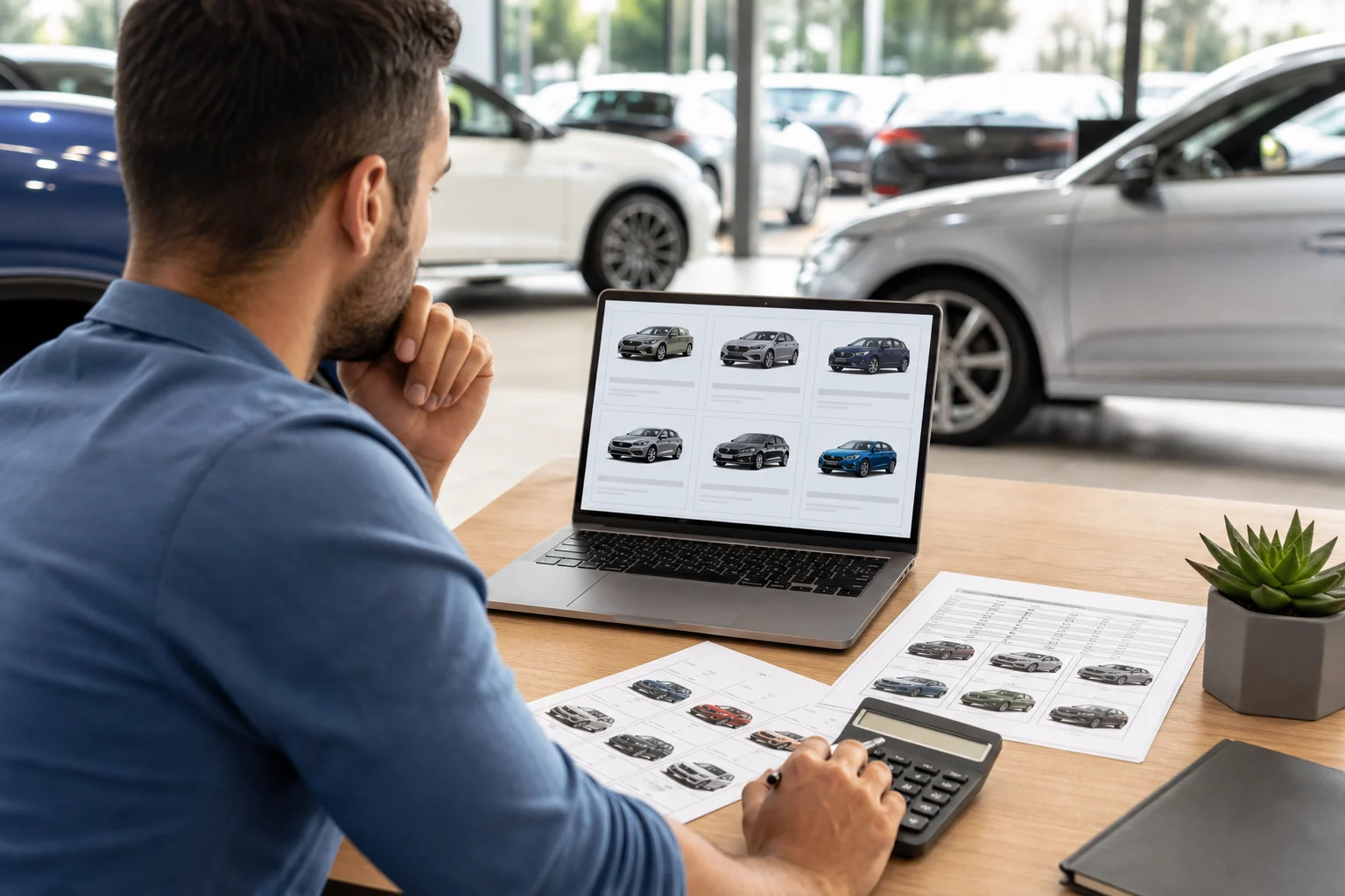 Persona compara anuncios de coches y una hoja de cálculo con precios, kilómetros y valores de reventa