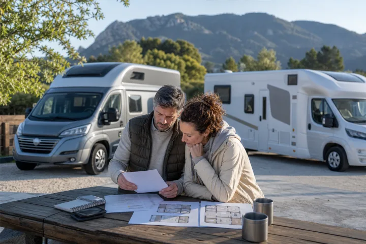 Camper y autocaravana aparcadas en un área autorizada mientras una pareja revisa una lista de viaje