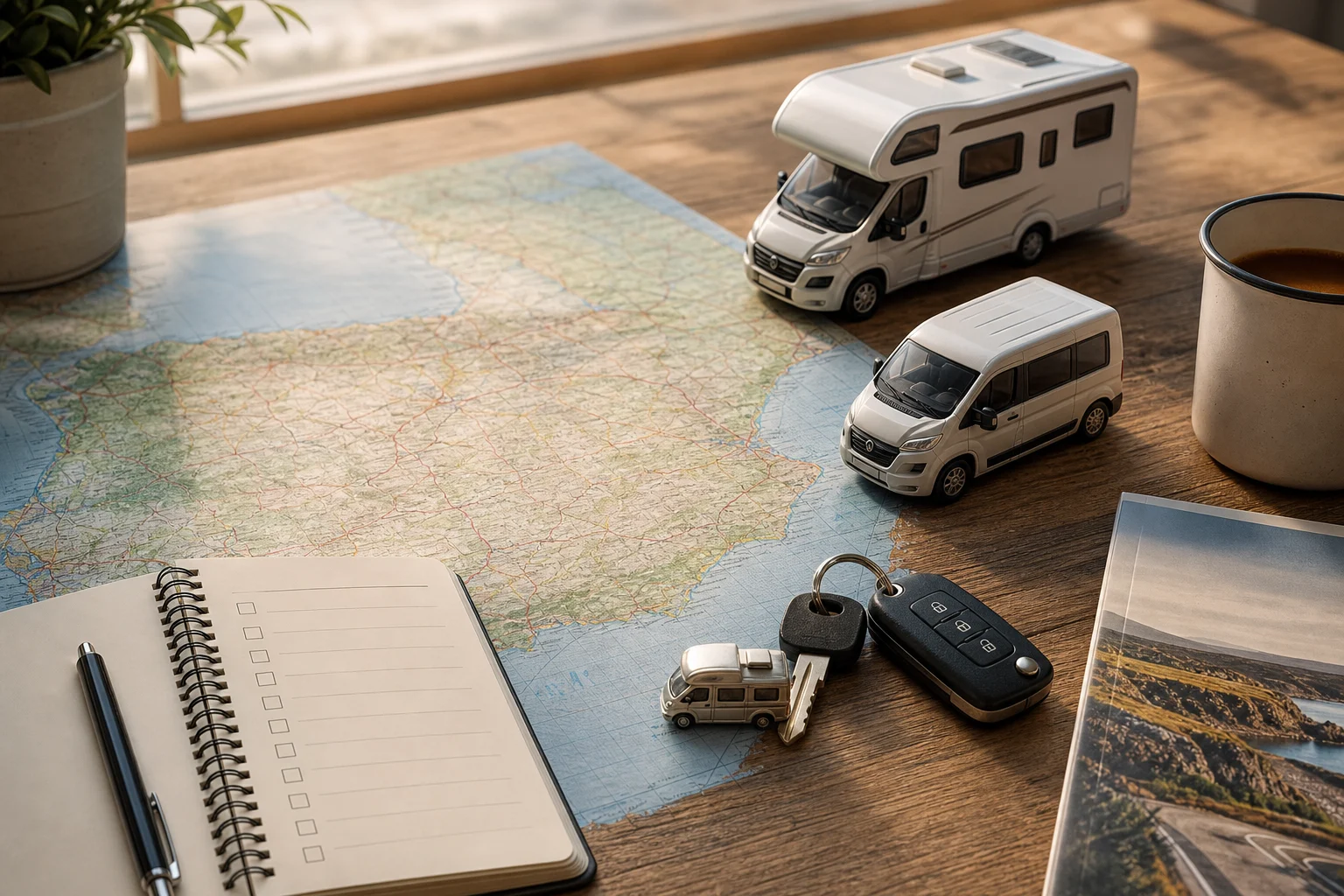 Mapa, lista de necesidades y llaves para planificar la prueba de una camper o autocaravana