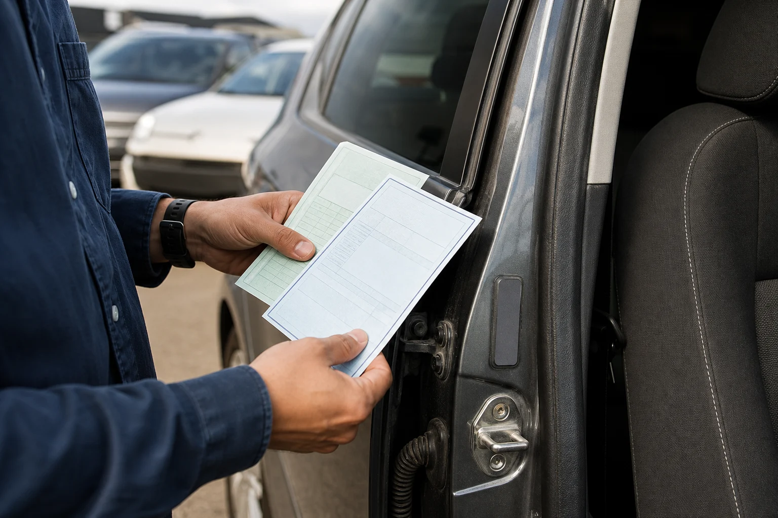 Comprador revisando la tarjeta ITV, el permiso de circulación y el número VIN de un coche usado