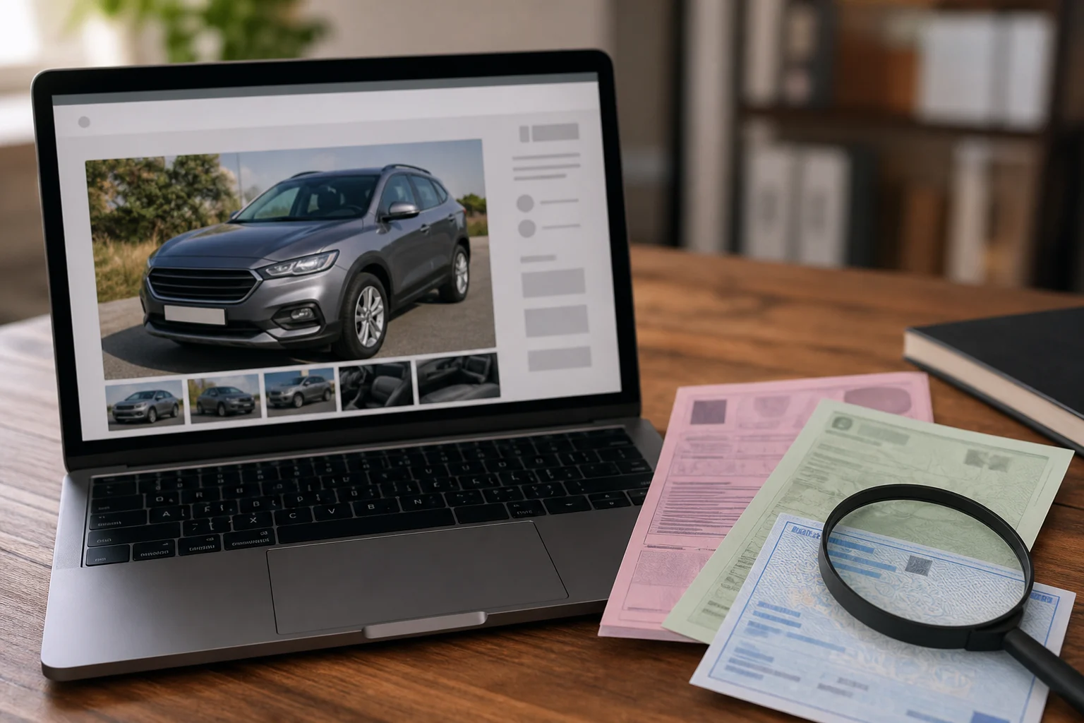 Documentos de un coche usado comparados con un anuncio en pantalla