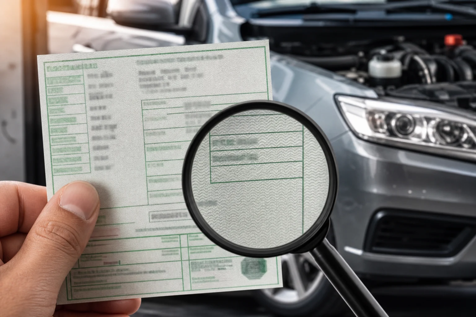 Tarjeta ITV de un coche usado revisada junto al vehículo