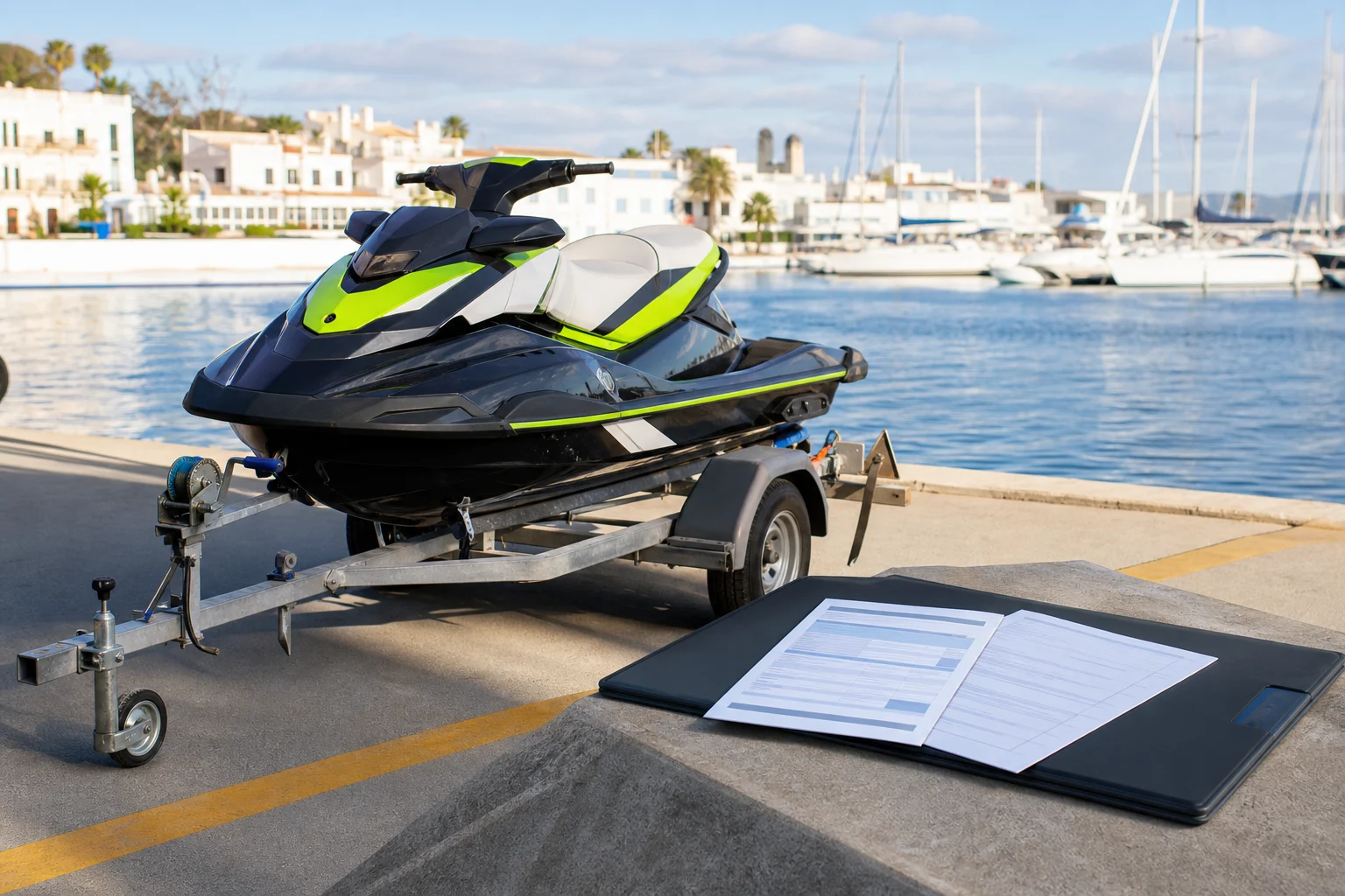 Moto de agua usada sobre un remolque junto a documentos de compraventa en un puerto deportivo