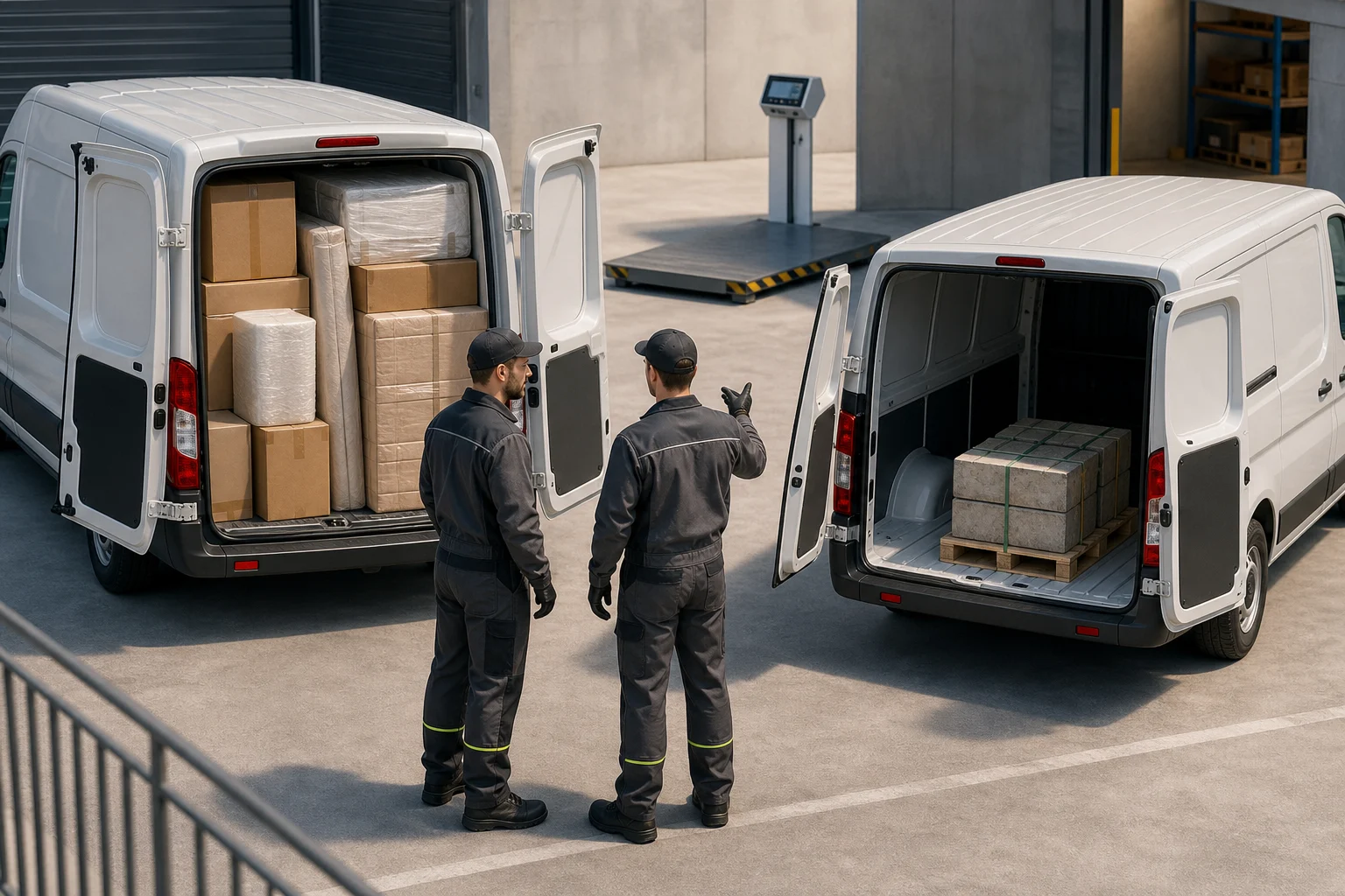 Dos furgonetas con cargas distintas, una de paquetería voluminosa y otra de materiales compactos