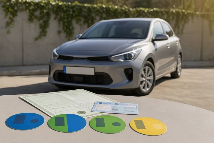 Coche aparcado junto a documentación del vehículo y los cuatro distintivos ambientales de la DGT