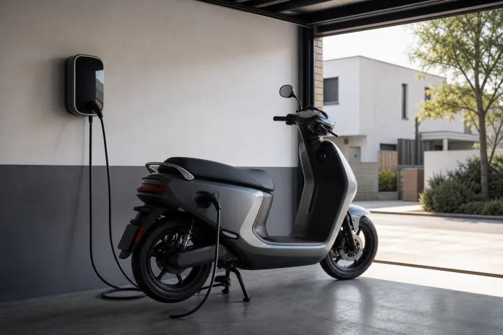 Scooter eléctrica conectada a un punto de recarga en un aparcamiento residencial