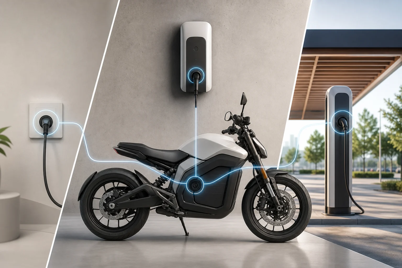 Moto eléctrica junto a un enchufe doméstico, un cargador mural y un punto público