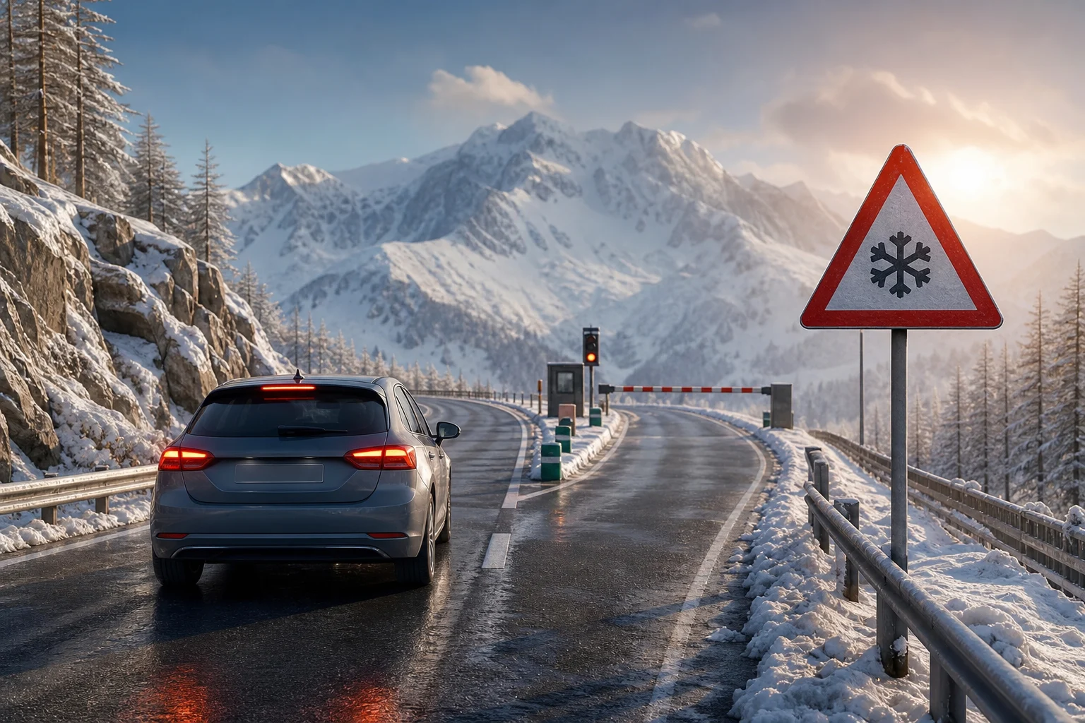Carretera de montaña nevada con señalización invernal y una barrera de cierre al fondo.