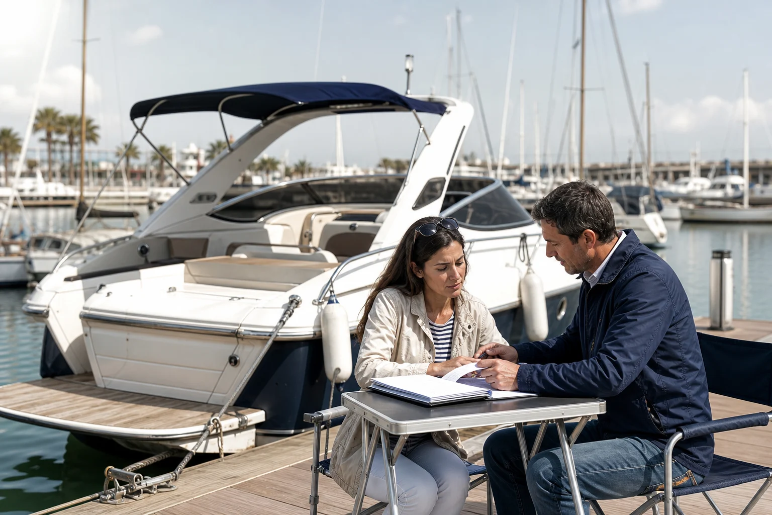 Comprador y vendedora revisando documentos junto a una embarcación de recreo amarrada en un puerto español