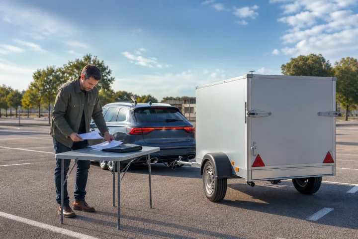 Turismo con remolque de carga estacionado mientras una persona consulta la documentación del vehículo
