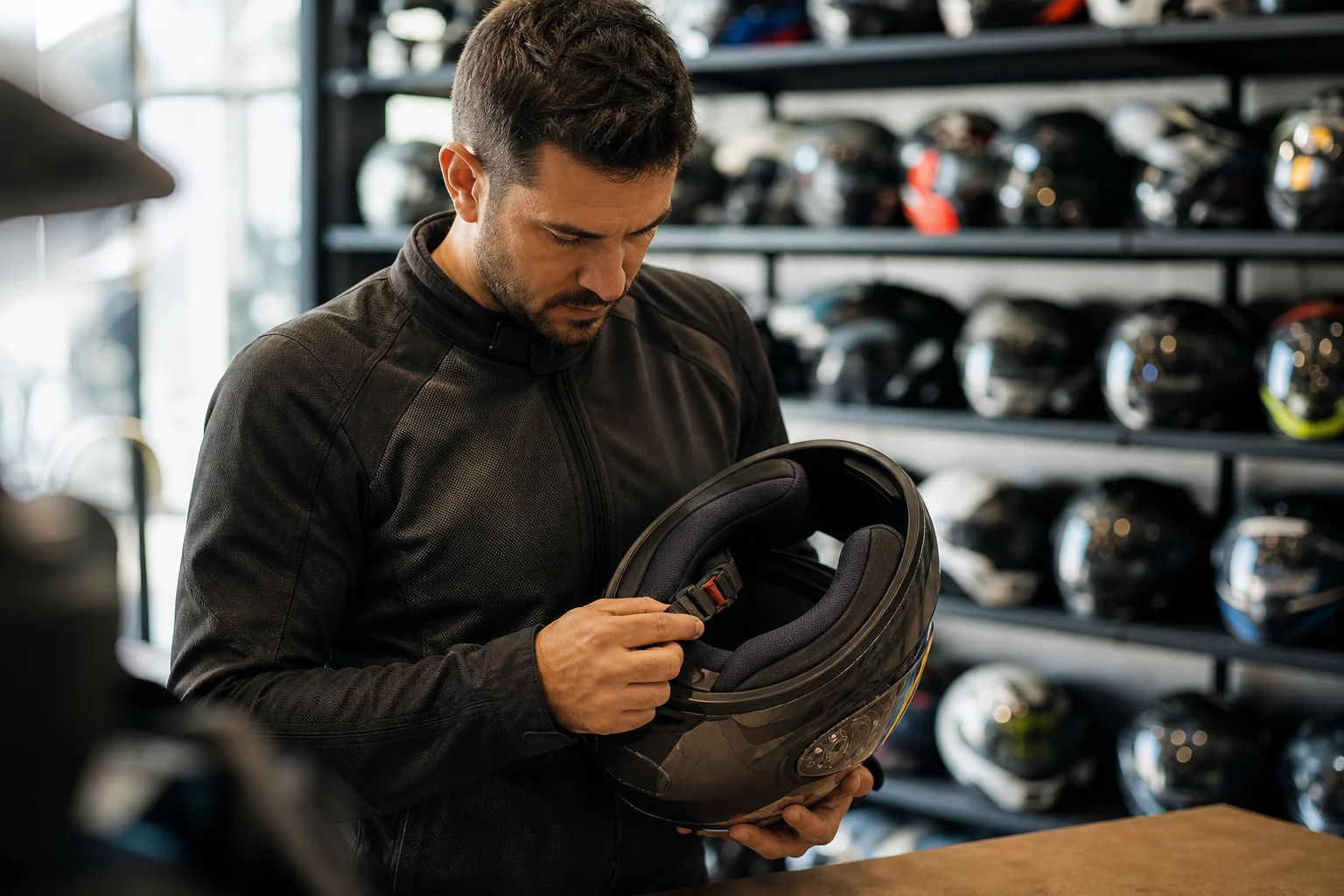 Motorista comprobando la etiqueta interior y el cierre de un casco integral de moto en una tienda