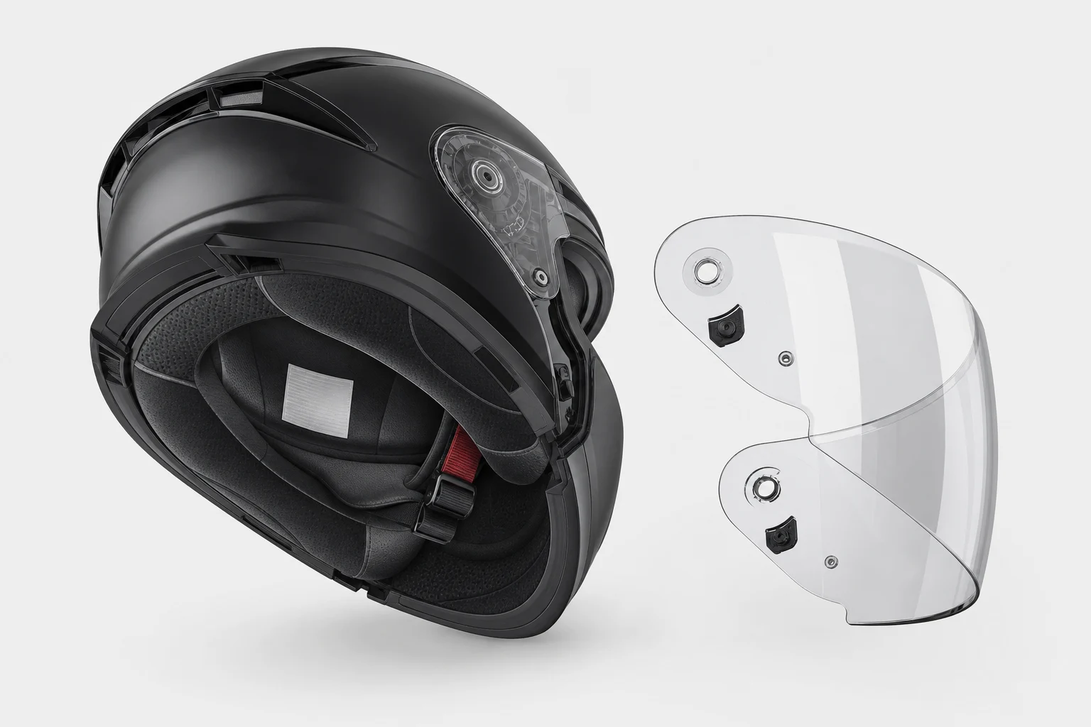 Casco integral con la zona de etiqueta interior y la pantalla desmontable visibles