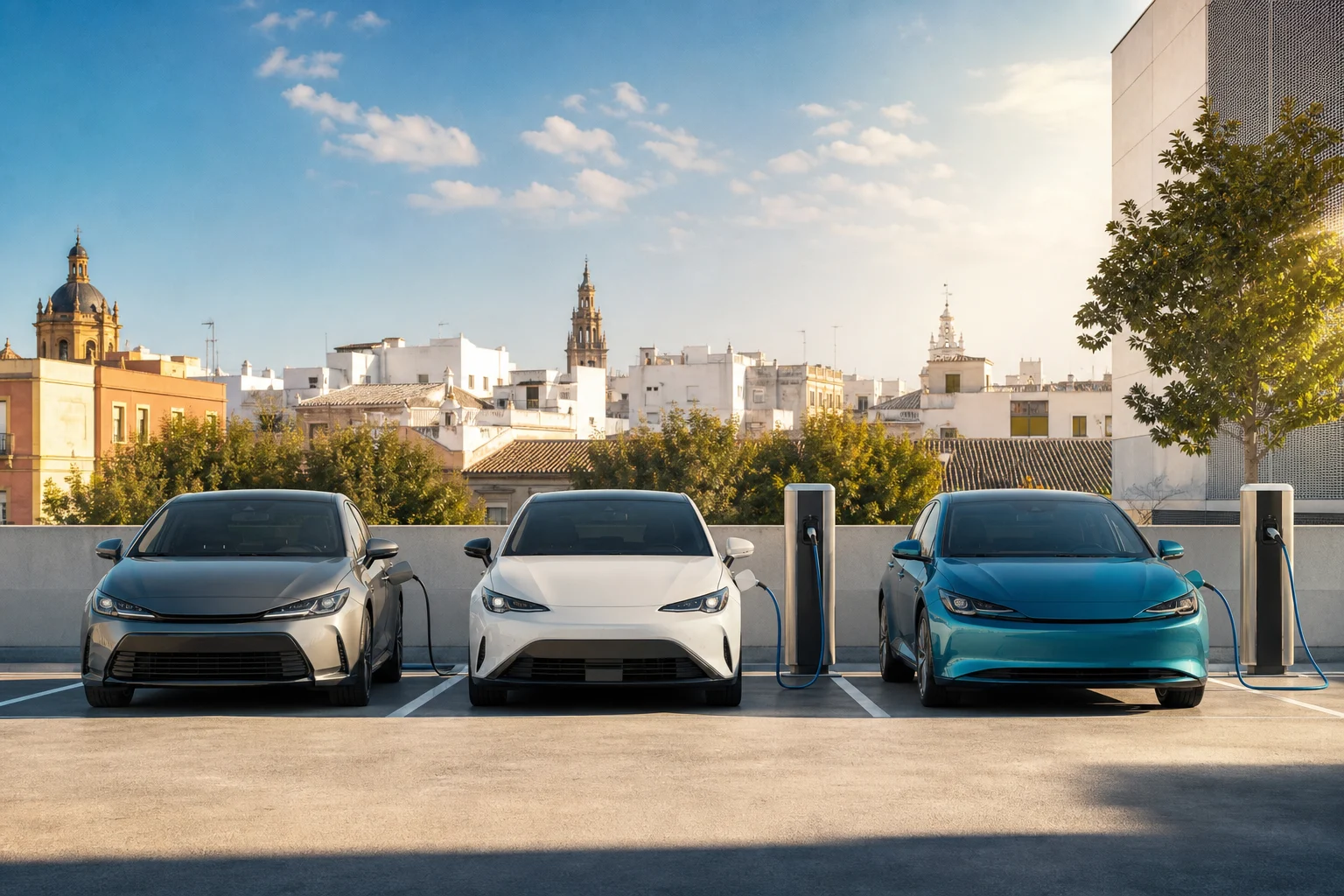Tres coches genéricos que representan híbrido convencional, híbrido enchufable y eléctrico en un aparcamiento