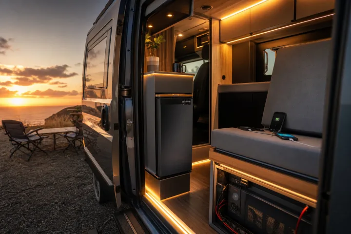 Interior de una camper con batería auxiliar, luces encendidas, nevera de compresor y dispositivos de viaje cargando