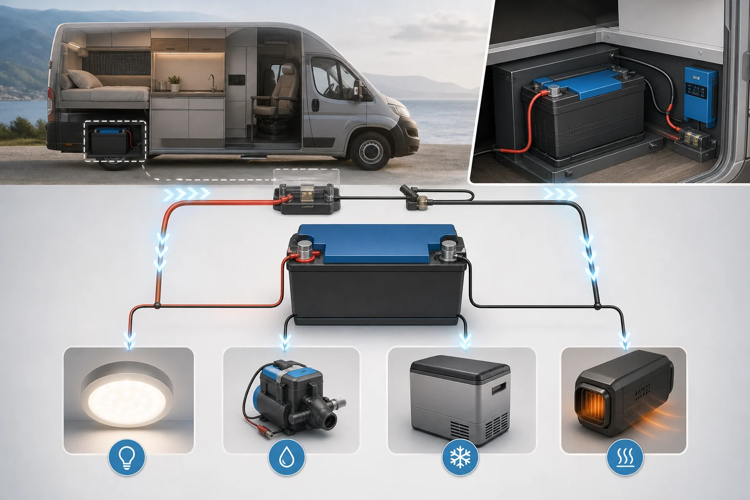 Esquema visual de una batería auxiliar de camper conectada a iluminación, bomba, nevera y calefacción