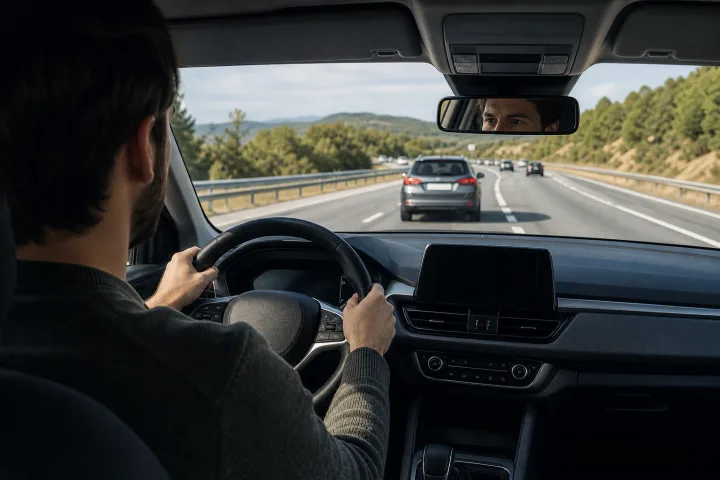 Turismo circulando por una autovía detrás de otro vehículo con el conductor atento al volante