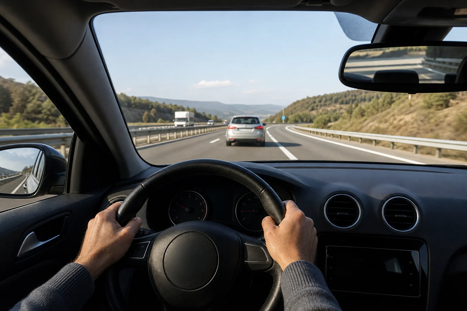 Vista interior de un coche que mantiene distancia con el vehículo que le precede en autovía