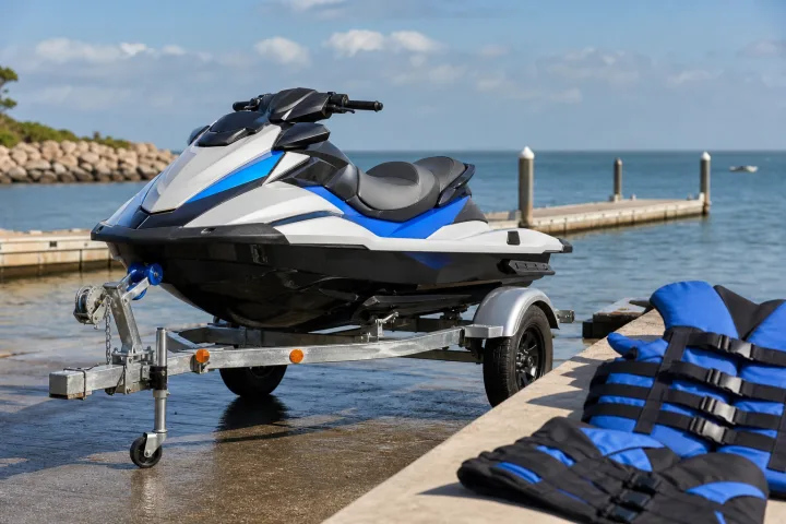 Moto de agua junto a un remolque en una rampa de acceso al mar
