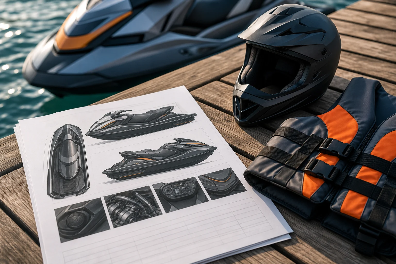 Ficha técnica de una moto de agua junto a un casco y un chaleco salvavidas sobre un muelle