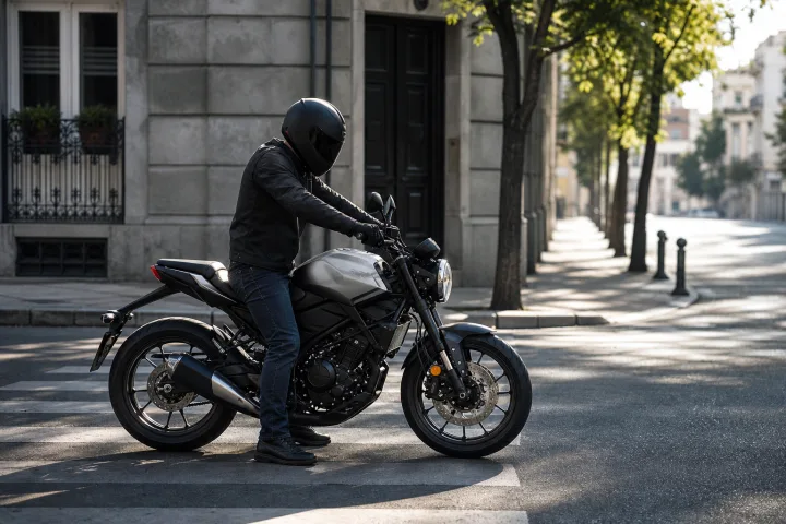 Persona con casco junto a una motocicleta ligera aparcada, comprobando la posición de los pies y el alcance al manillar.