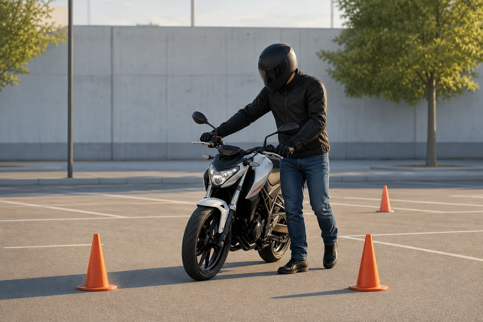 Persona moviendo una motocicleta ligera a pie en un aparcamiento despejado.