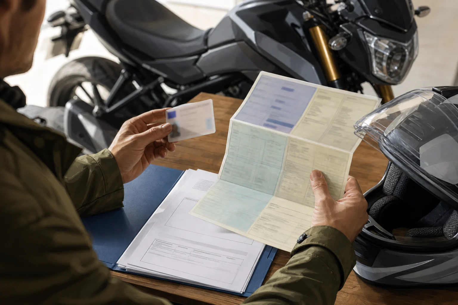 Persona comprobando el permiso de conducir y la documentación técnica de una motocicleta.