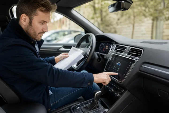 Comprador revisando en la pantalla de un coche usado los ajustes de asistentes de conducción
