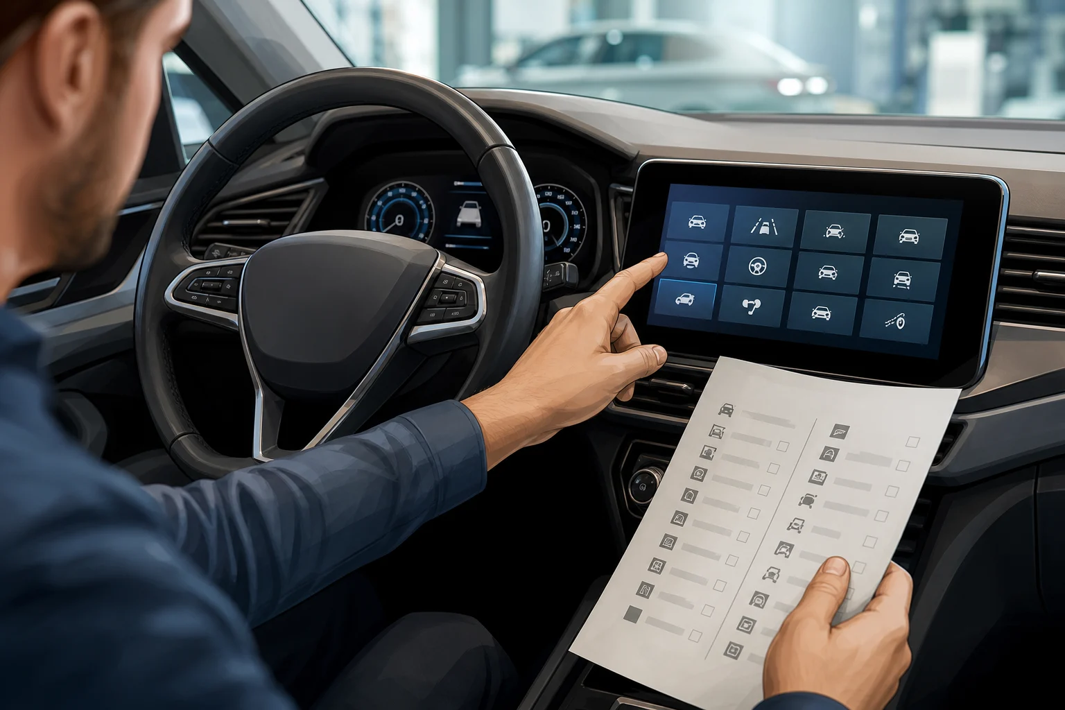 Pantalla y mandos de un coche usado mientras un comprador compara sus asistentes con una lista de equipamiento