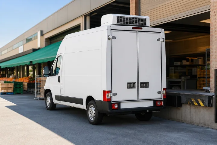 Furgoneta de reparto con caja isotérmica estacionada junto a un muelle de carga alimentaria