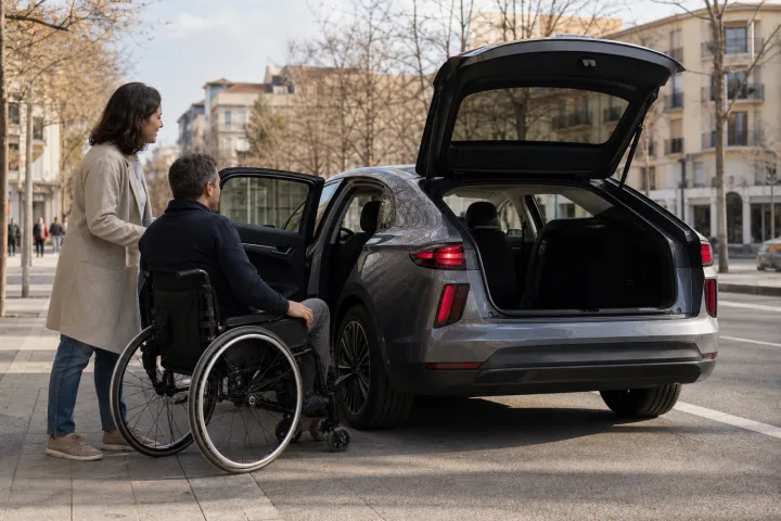 Persona usuaria de silla de ruedas y acompañante comprobando el acceso lateral a un coche aparcado