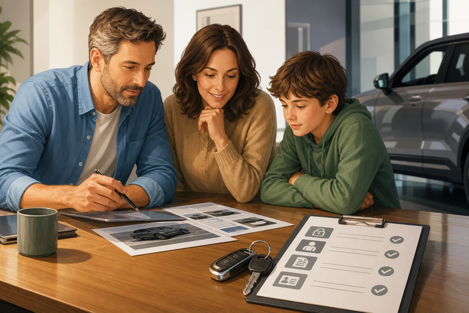 Familia preparando una lista de comprobaciones antes de elegir un coche