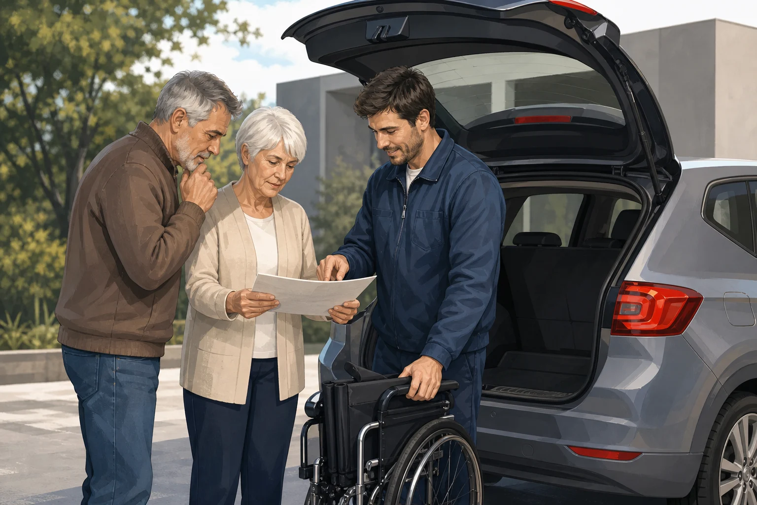 Persona, familiar y cuidador definiendo necesidades de uso junto a un coche