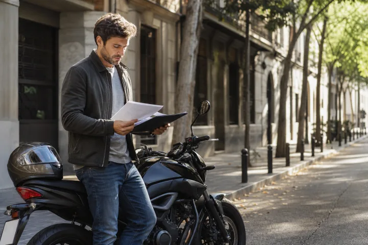 Persona con casco junto a una moto estacionada, revisando una hoja de presupuesto y documentos del vehículo.