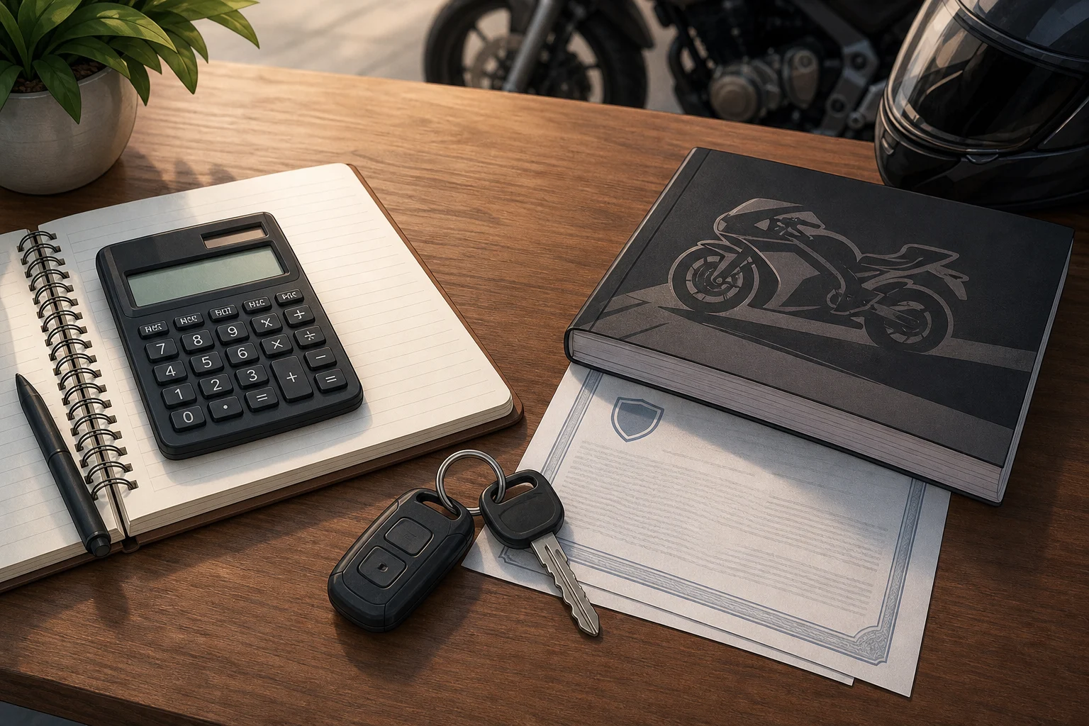 Calculadora, manual de moto, llaves y documentos sobre una mesa para preparar un presupuesto anual.