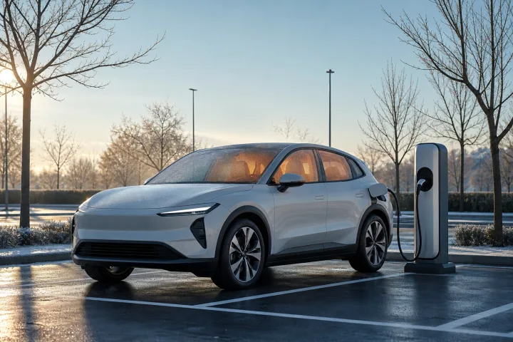 Coche eléctrico conectado a un punto de recarga mientras se climatiza el habitáculo en un aparcamiento