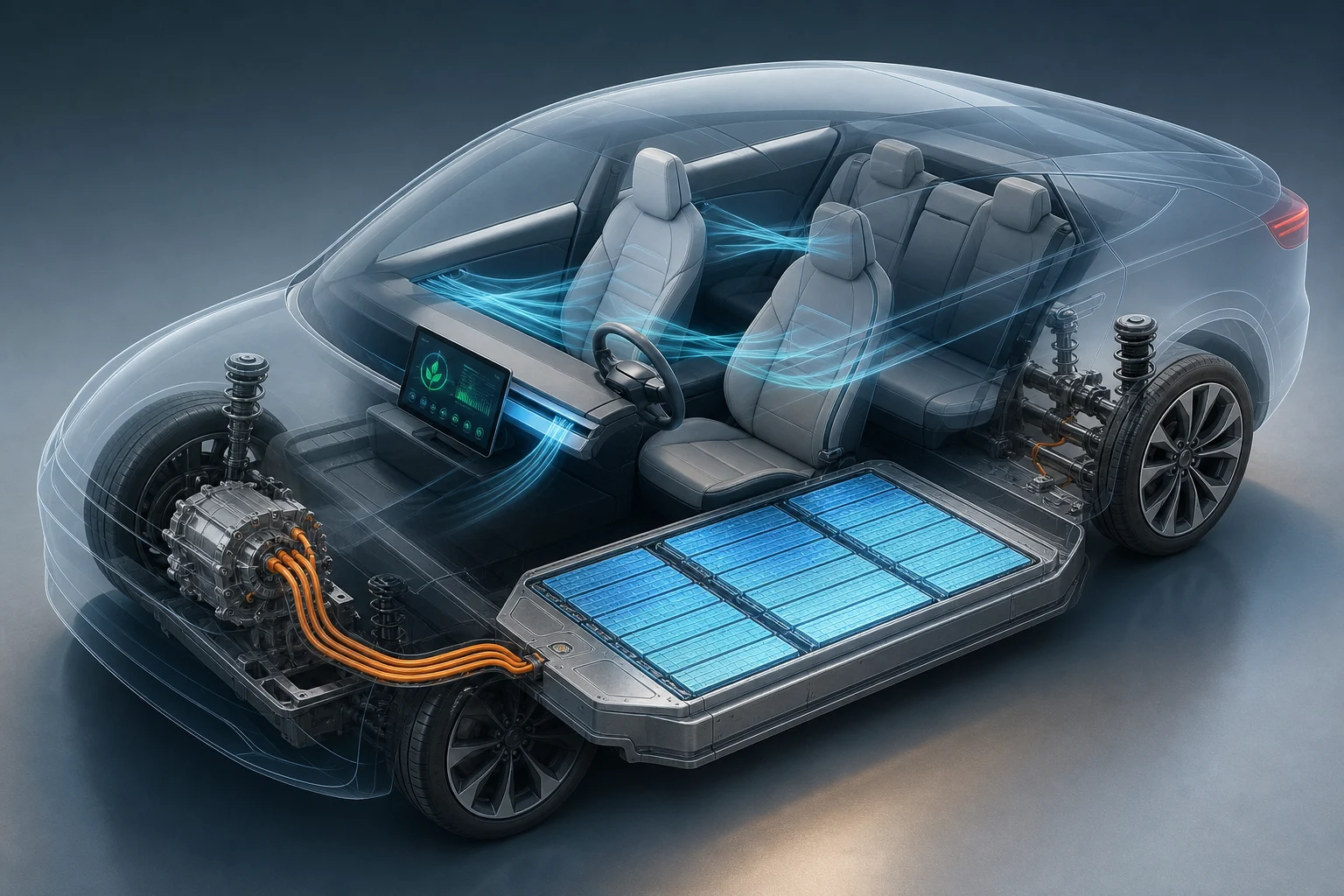 Esquema visual de un coche eléctrico con habitáculo, pantalla de energía y batería representados por separado