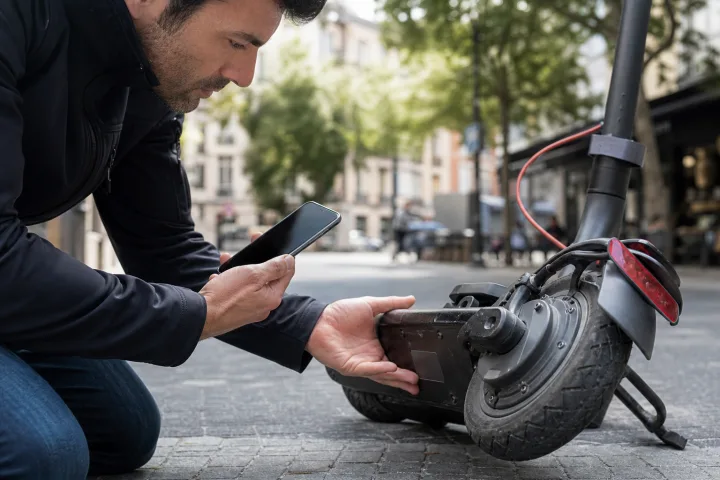 Persona revisando la placa de identificación de un patinete eléctrico junto a un teléfono con el listado de la DGT
