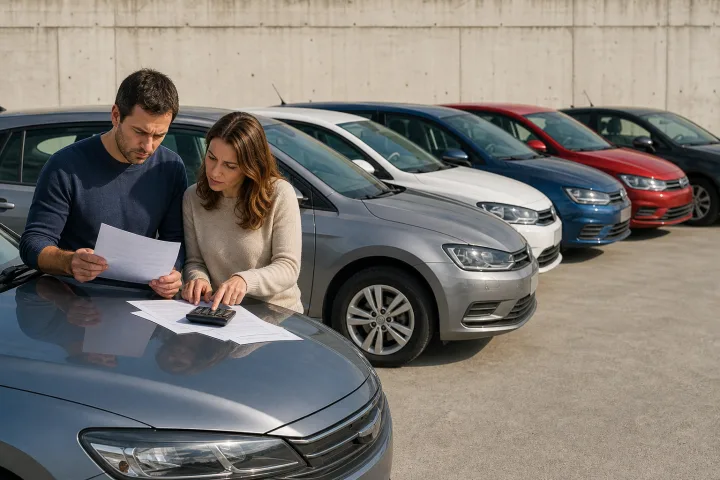 Cinco conductores comparan contratos y una calculadora junto a varios coches de distintos tamaños en un aparcamiento.